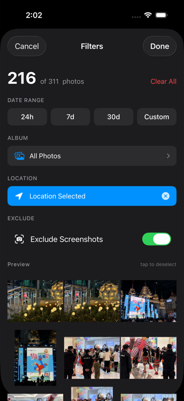 Filter by date, location, and album