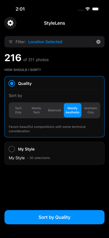 StyleLens main sorting screen